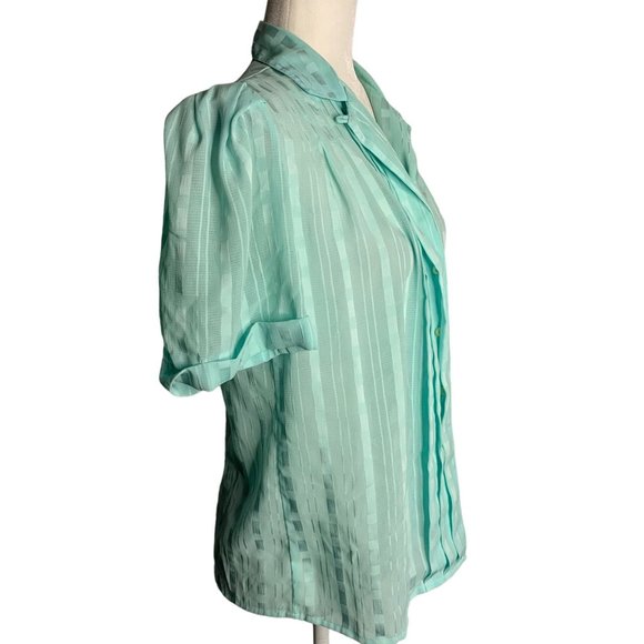 Vintage Button Up Pleated Blouse 6 Blue Striped Slightly Sheer Short Sleeve - Picture 5 of 6